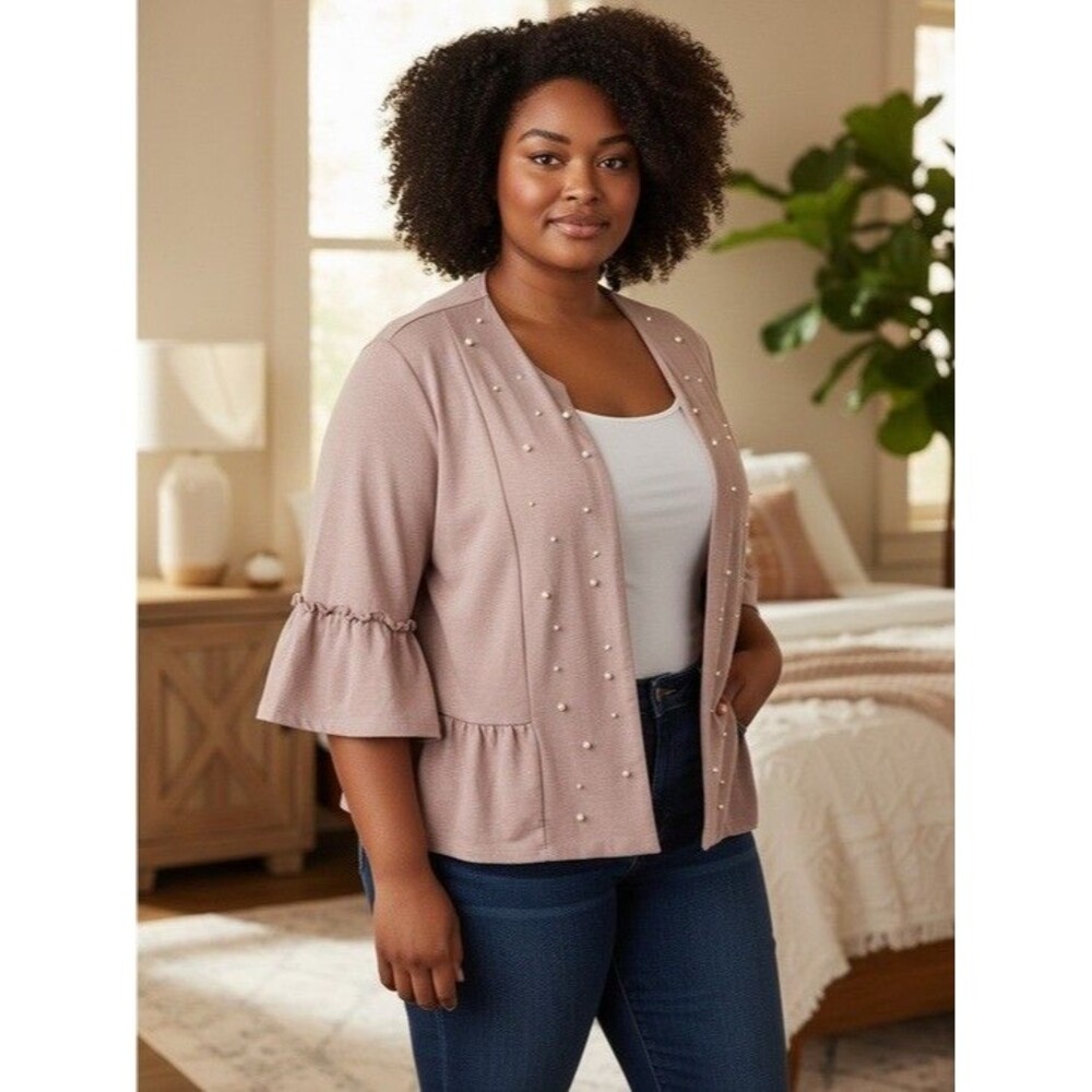 Lane Bryant Mauve Pearl-Embellished Open Knit Cardigan 18/20